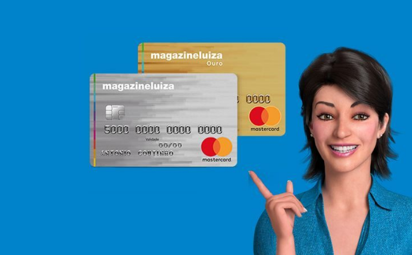 mulher virtual do Magazine Luiza apontando para o cartão Luiza Preferencial e cartão Luiza Ouro